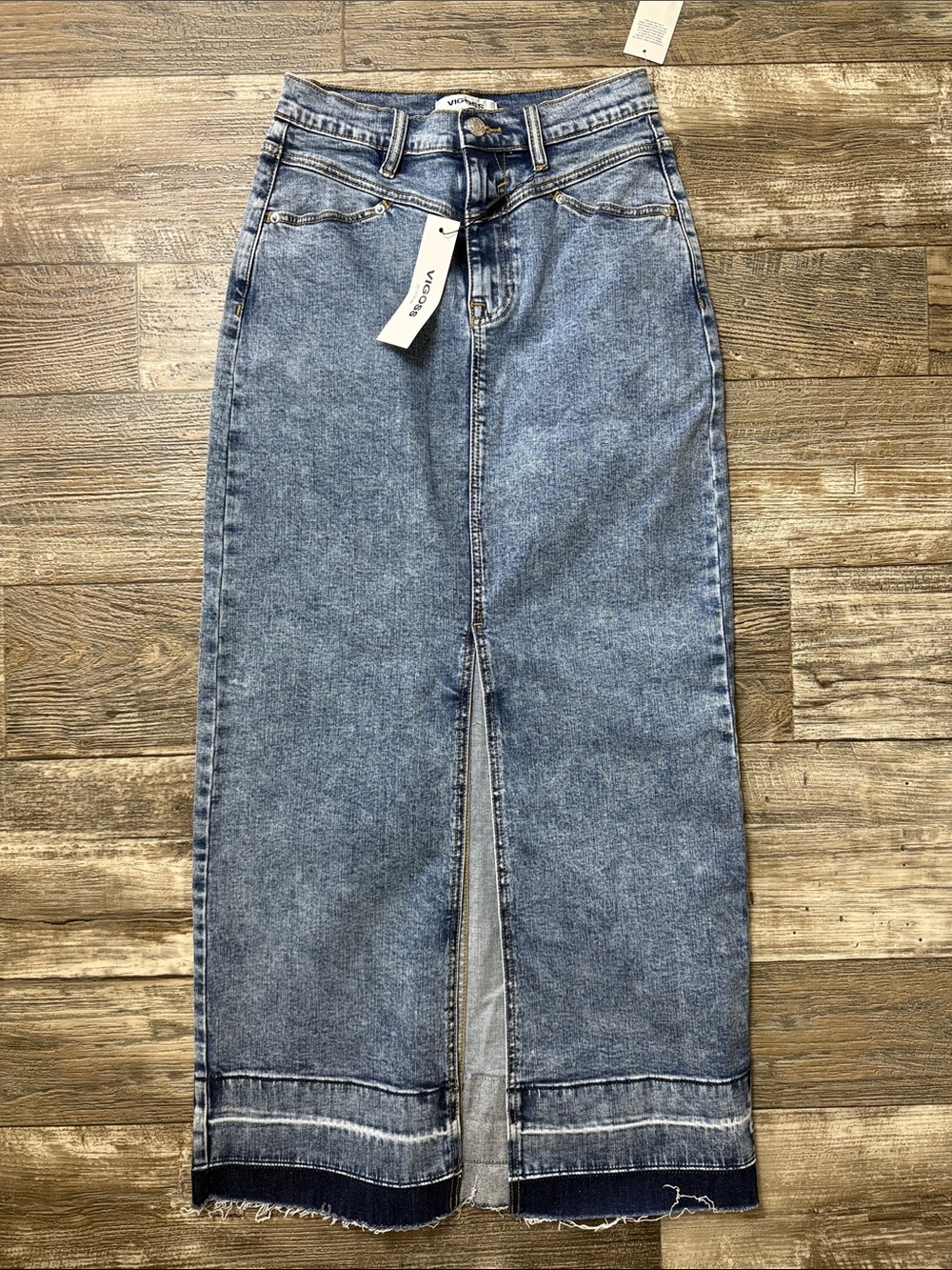 Vigoss Light Blue Denim Maxi Skirt with Front Slit, 27